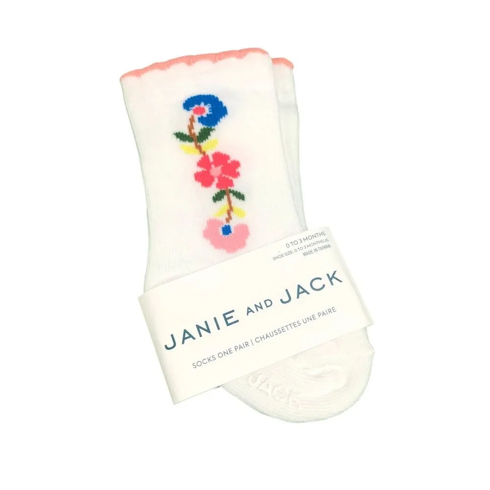 Janie and Jack Girls Crew Socks Floral White Pink 0-3M